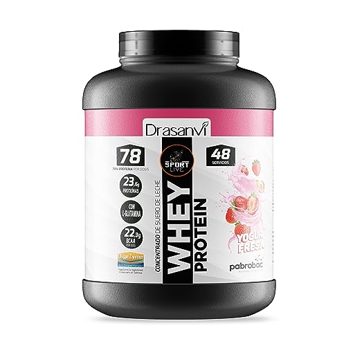 SPORT LIVE Concentrado de proteinas de suero de leche | Whey Protein en polvo con L-Glutamina y L-Leucina | Ayuda a aumentar tu masa muscular | Mejora tus batidos |Yogur-Fresa | 1,45 KG