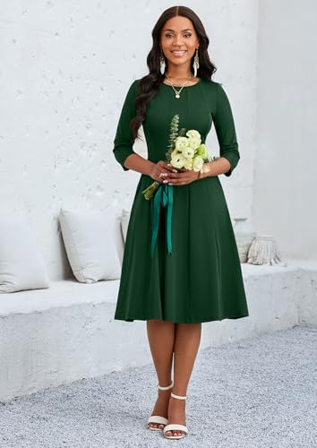 Image of CLOCOR Casual Midi Dresses for Women A-Line Fit and Flare Elegant Church 3 /4 Sleeve Crew Neck Dress with Pocket