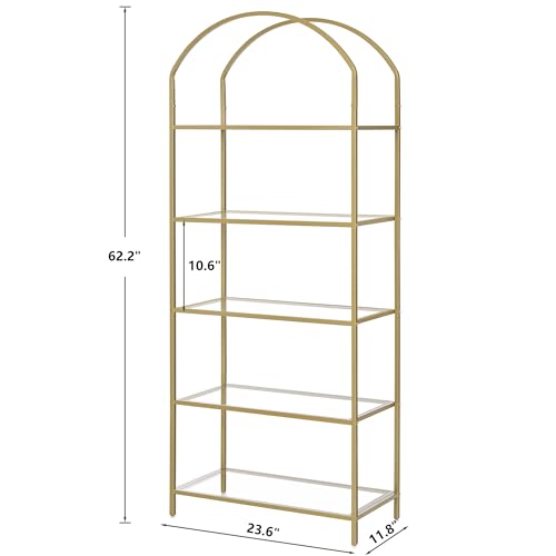 Homhedy Bookshelf Arched Display Racks,Metal Bookcase,Tempered Glass Shelves,Storage Rack Shelf for Home Office,Living Room,Bedroom, Bathroom,Modern Style (Golden, 11.8" D x 23.6" W x 62.2" H) by Homhedy - Image 3