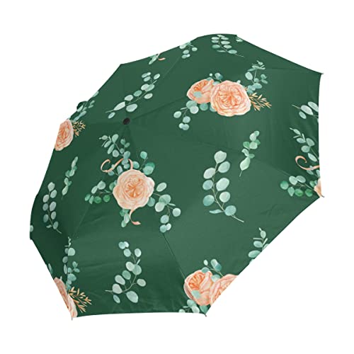 Parapluie pliant coupe-vent et anti-UV à ouverture automatique motif fleurs vertes et roses
