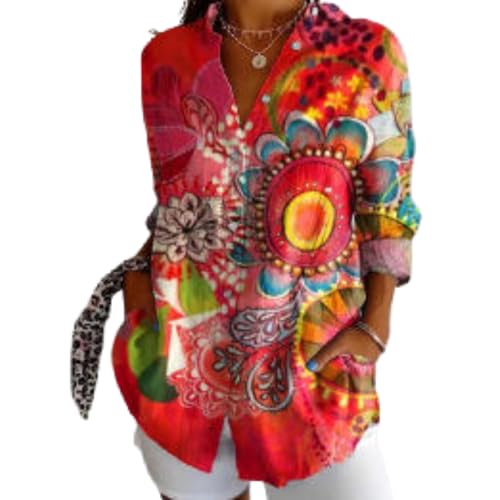 Women's Colorful Boho Floral Shirt Spring Casual Artistic Comfy Long