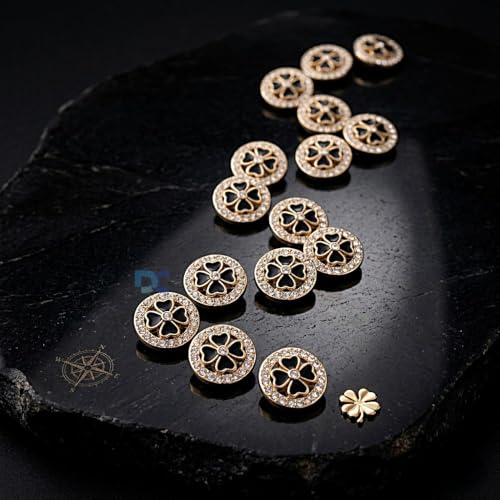 Image of Pack of 6 Round Black Clover Flower Rhinestones with Golden Finish Buttons Diameter 18 mm,(28 L) Shank for Garment Clothing Accessories Fit Sewing Scrapbooking Garment DIY Decoration