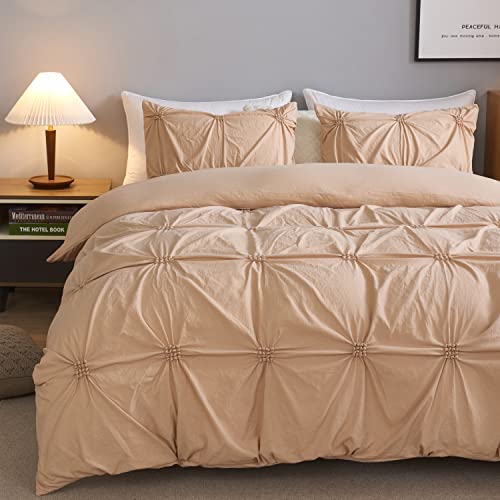 Sleepymoon Vintage Pintuck Duvet Cover Set Ultra Soft Microfiber All Season Use (Pinch Pleat Khaki, Queen) Comforter Cover 3 Piece With 2 Pillowcases #TOP1