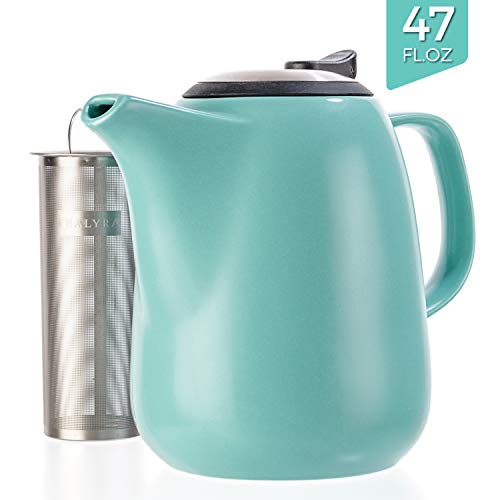 Tealyra - Daze Ceramic Large Teapot Turquoise - 47-Ounce (6-7 Cups) - With Stainless Steel Lid Extra-Fine Infuser For Loose Leaf Tea - 1400Ml #TOP1