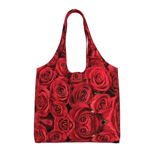 ASFgda Bolsa de lona con estampado de rosas rojas, bolsa de compras reutilizable, bolsa de hombro de gran capacidad para uso diario, viajes, playa