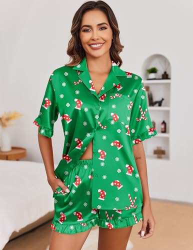 Image of Ekouaer Satin Pajama Set for Women Button Down Silk 2 Piece Pj Sets Ruffle Short Sleeve Sleepwear