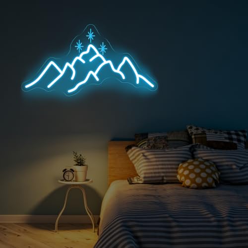 Image of ACOTAR Neon Sign Mountain With Star LED Light Book Lover Gift | Starry Mountain Reading Nook Decoration USB Powered Dimmable Bookish Home Wall Room Deocr Ice Blue 17.7 inchx9.3 inch