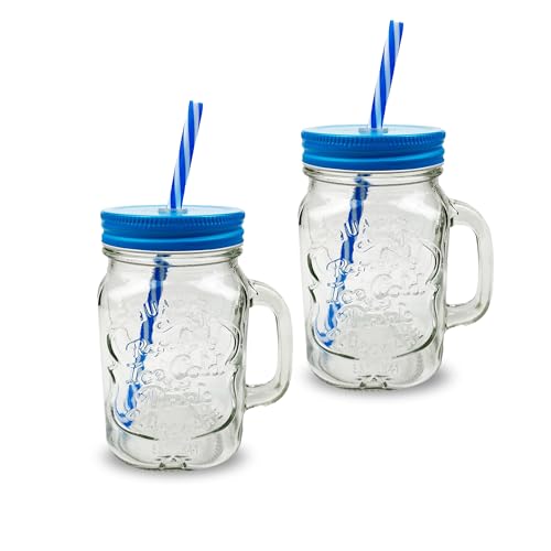 G4GADGET Lot de 2 bocaux en verre de 500 ml avec couvercles et pailles Bleu