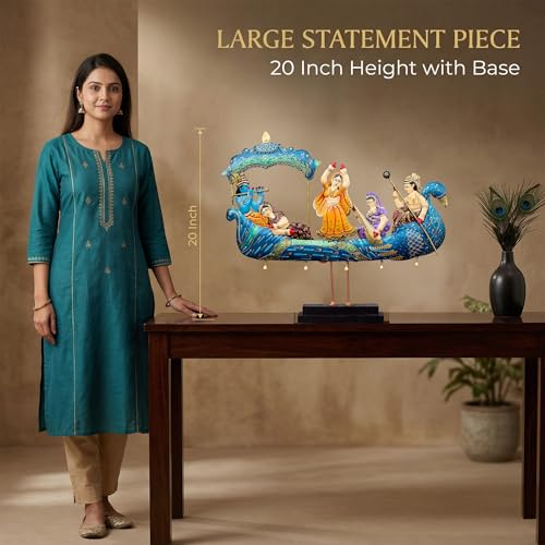 Image of KRAFTSKALA Radha Krishna Nauka Vihar Showpiece for Home Decor Wall Hanging & Tabletop | Metal Peacock Boat Raas Leela Statue with Wooden Base | Large Spiritual Decorative Idol
