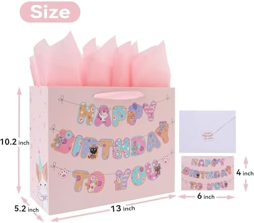 wishinside 33cm(13인치) 대형 고양이 생일 축하 선물 가방 세트, 손잡이 포함, 인사말 카드, 핑크 티슈 페이퍼 및 스티커, 여아 어린이 청소년 여성용, 고양이 테마 배너 디자인, 1개 — 사진 2