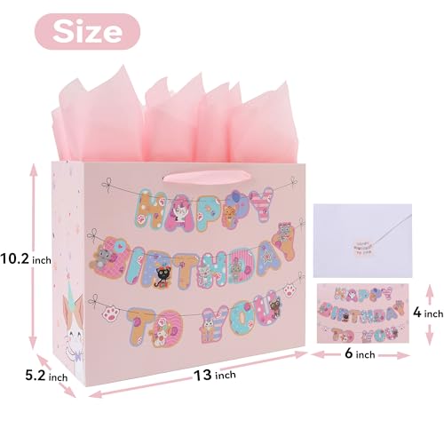 wishinside 13” Large Cat Happy Birthday Gift Bag Set with Handles, Greeting Card, Pink Tissue Papers and Stickers for Girls Kids Teens Women, Kitty-themed Banner Design, 1 Pcs
