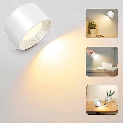 AUINSKY Applique da Parete Interno, Dimmerabile Ricaricabile con Controllo Touch, 3 Modalità Colore, 3 Livelli di Luminosità, Girevole a 360 gradi - Applique per Soggiorno, Camera da Letto, Bianco