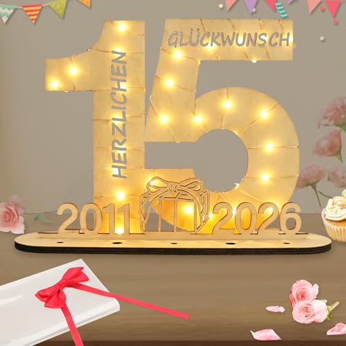 Seutgjie Deko 15 Geburtstag Mädchen Junge 2011-2026 Geldgeschenke Geburtstag 15 mit LED Lichterkette Geschenkpapier 15 Jahre Jubiläum Kristallhochzeit Hochzeitstag Holz Schild Gästebuch