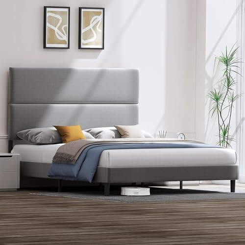 Image of AMERLIFE Twin Bed Frame, Dark Grey | Upholstered, Metal Platform Bed