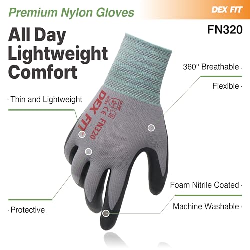 Image of DEX FIT Nitrile Work Gloves FN320, 3D Comfort Stretch Fit, Power Grip, Durable Foam Coated, Thin & Lightweight Premium Nylon, Machine Washable, Grey 8 (M) 3 Pairs
