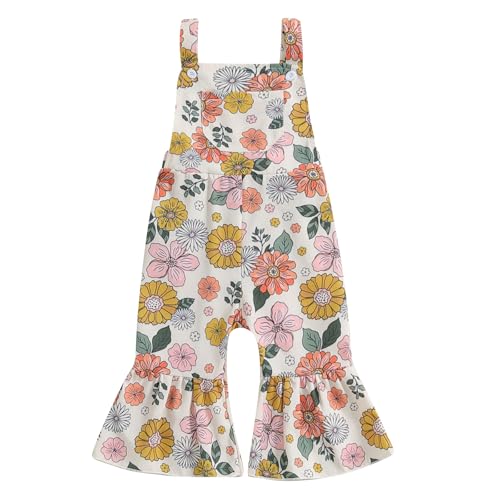 ZAXARRA Toddler Girl Fall Clothes Floral Baby Girl Bell Bottom Jumpsuit Baby Girl Overalls Flare Leg Jumpsuit (Beige, 3-4 Years)