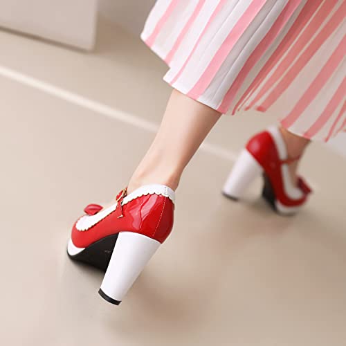 Betastella Women's 1950s Rockabilly Shoes Chunky Mary Janes Platform Patent Leather Block Heel Ankle Strap Pumps Cute Bow Cosplay Shoes 6