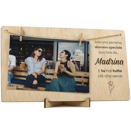 CONTRAXT Regalo originale Vuoi essere la mia madrina. Cornice portafoto in legno con mollette Proposta madrina battesimo Portafoto da appendere 10x15 cm (Madrina)