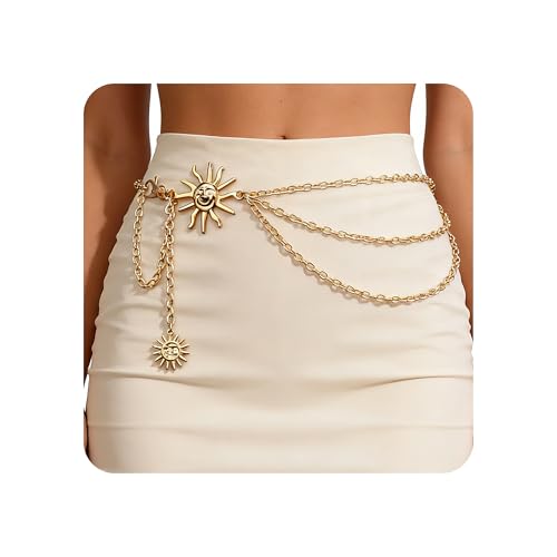 Gold Waist Chain for Women，Renaissance Greek Goddess Accessories Y2K Body Belly Chain Medieval Skirt Dress Corset Hippie Stomach Belt Hip Fashion - Gold Sun