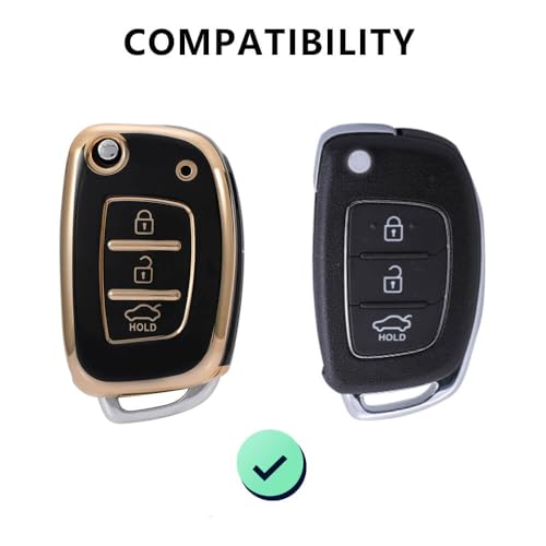 Image of AUTODIFYA TPU Car Key Cover Black & Golden Compatible for Hyundai Creta, I10 Grand Nios, I20 Elite, I20 (2020), Aura, Venue, I20 Active, Xcent (HYUNDAI, 3 Button Flip Key New)