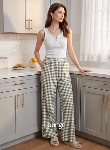 EVALESS Gingham Pants for Women 2026 Comfy High Waist Wide Leg Lounge Pants Spring Summer Patched Y2K Casual Trousers Lightweight PJ Bottoms with Pockets Green Large — view 5