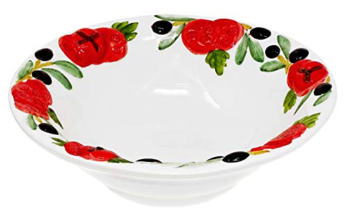 Lashuma Handbemalte Servierschale Keramik, Relief Salatschüssel Tomate Olive, Italienische Pastaschale rund 27 cm Ø