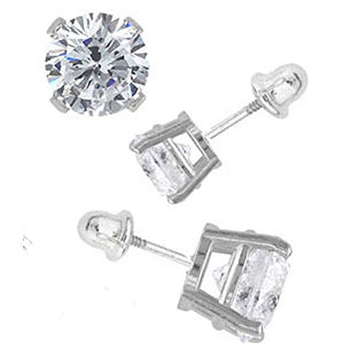 14K White Gold 3mm Round Simulated Diamond Stud Earring Set on Prong Setting, Screw Back Post