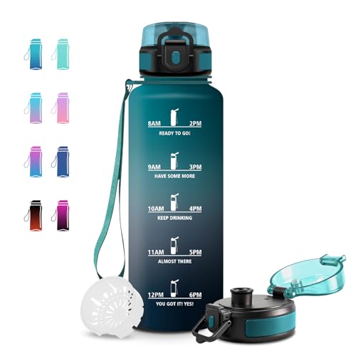 JAPORIA Trinkflasche 1.5L BPA-frei Zeitmarkierung Wasserflasche mit Filter Auslaufsicher Sportflasche für Fitness Gym Fahrrad Yoga