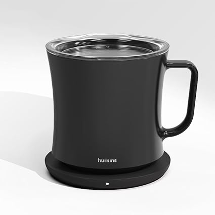 hurkins Smug, up to 149 Coffee Mug Warmer & Mug & pctg Lid Set, self Heated Cup with Wireless Charging Function, Office/Home for Desk. (Grande Black)