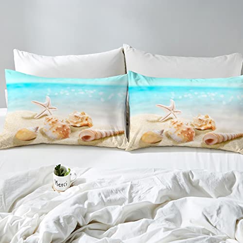 Blue Ocean Duvet Cover Set King Size,Seashell Starfish Bedding Set 3Pcs For Kids Teens Girls Room Decor, Summer Beach Comforter Cover Hawaiian Vacation Quilt Cover With 2 Pillowcases #TOP4