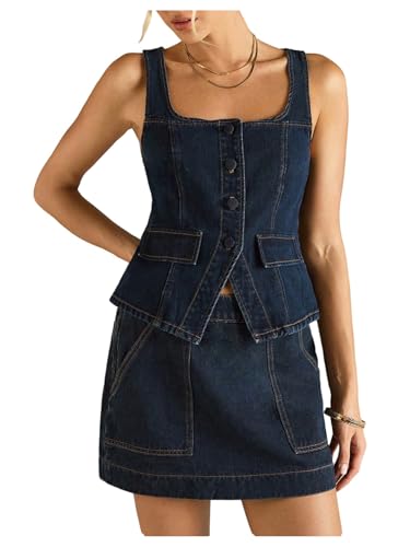 MakeMeChic Women's Denim Tops Square Neck Button Down Sleeveless Going Out Y2k Jean Tank
