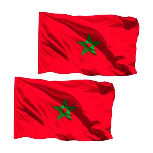 2 x Bandera de Marruecos, Bandera 90cm x 150cm, Bandera Grande con Trabilla para Mástil y Cordones, Bandera Ligera, Bandera para Deportes, Fútbol, Manifestaciones, Edificios, (2 x Marruecos)