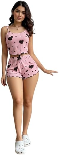 Clothus Women’s Cotton Stretchable Pajama Set | Heart Print Sleeveless Top &amp; Shorts Nightwear Set | Soft Loungewear for Wo...