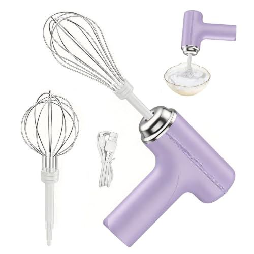 Batidor de mano eléctrico, 3 ajustes de velocidad, 2 batidores intercambiables, inalámbrico recargable, batidora de mano, batidor de huevos Batidores tradicionales, eléctrico inalámbrico(Purple)