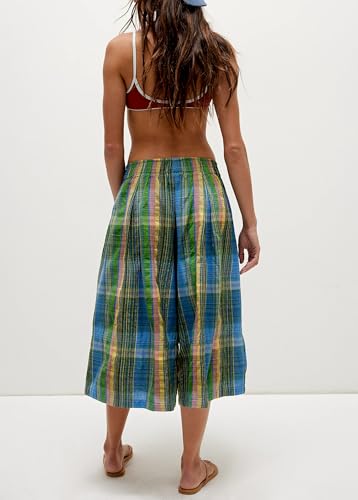 Summer Boho Wide Leg Culotte Pants for Women Casual Loose Elastic Waisted Palazzo Trousers Plaid Capris with Pockets3