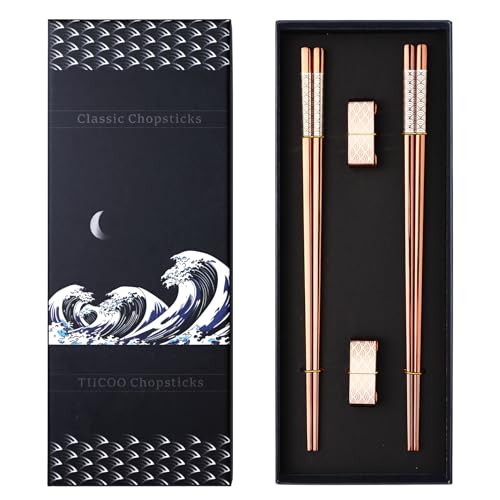 TIICOO Rose Gold Titanium Stainless Steel 18/8 Metal Chopsticks 2 Pairs with Holder, Dishwasher Safe Japanese Style Chopsticks Gift Set