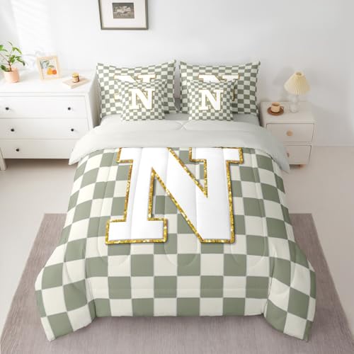 Image of Erosebridal Sage Green Checkered Full Comforter Set with Sheets 7 Piece Plaid Initial N Bed in A Bag Personalized Monogram Bedding Sets for Kids Adults,Fashion Grids Gingham Bed Set