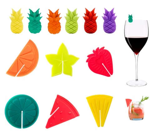 FainFun Glasmarkierer - Bunte Glasmarker Ananas, 12 Stück, Silikon für Trinkgläser, Cocktail, Wein & Getränke