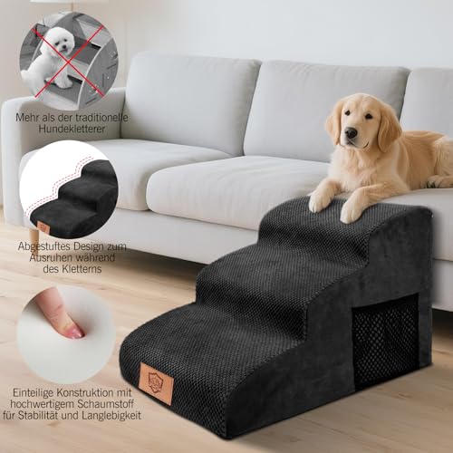 MASTERTOP Hundetreppe für kleine Hunde, Hundetreppe 3 Stufen aus Hochdichter Schwamm, rutschfest Tragbar Hunderampe Katzentreppe mit Tragegriff und Aufbewahrungstasche für Sofa Betten(Schwarz)