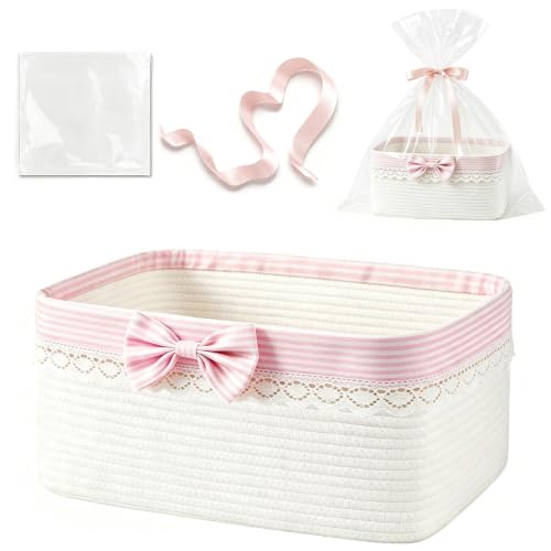 Gift Basket Empty Small Pink Bow Storage Woven Basket with Bag & Ribbon