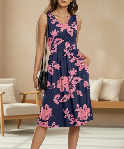 Image of NILOUFO Sleeveless Dress for Women Summer Knee Length Sundress with Pockets | Sundresses for Women Tank Empire Waist Sun Dress Cold Shoulder Casual V Neck Midi Dress Flowy Summer Dresses for Women