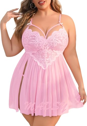 Image of Beautiful Creations Womens Plus Size Lace Floral Knee Length Babydoll Nightwear Set with G-String Panty