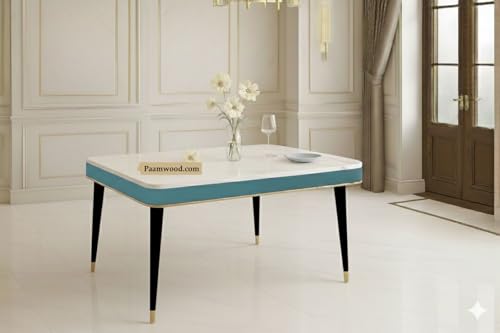 Image of Swiss Modern Dining White Marble Top Table Set with Sheesham Wood Legs, 6 Seater with Upholstered Chairs (71x36x30 Inches) (Sea Blue)