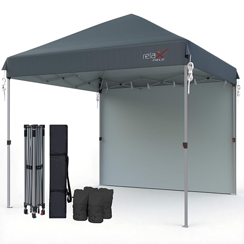 Image of RELAX FIELD Pop Up Gazebo 3m x 3m with 1 Side, Waterproof Outdoor Gazebo, 300D Oxford Fabric with UPF 50+ UV Protection, Heavy Duty Steel Frame & Sandbags, Folding Garden Canopy & Carry Bag, Dark Grey
