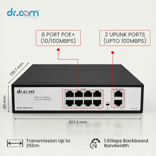 Image of dr.com 10 Port PoE Switch with 8 PoE Ports and 2 Gigabit Uplink Ports 10 /100 /1000 Mbps 120W Power IEEE 802.3af /at for CCTV IP Camera Network Switch Plug and Play Metal Body Black