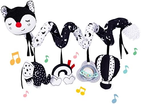 Koty Car Seat Toys, Infant Baby Spiral Plush Activity Hanging Toy for Stroller Bar Pram Crib with Music Box BB Squeaker & Rattles(Black Fox)