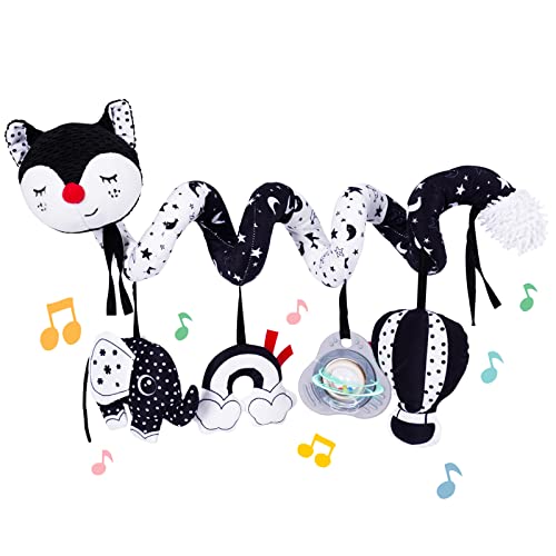 Image of Koty Car Seat Toys, Infant Baby Spiral Plush Activity Hanging Toy for Stroller Bar Pram Crib with Music Box BB Squeaker & Rattles(Black Fox)