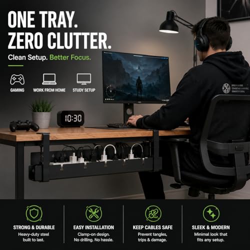 Image of Qelvi Premium Heavy Duty Cable Management Tray (30-55 cm) | Adjustable Desk Cable Organizer for Wire Management, Extension Board & Router | Carbon Steel | Matte Black | 1 Year Warranty