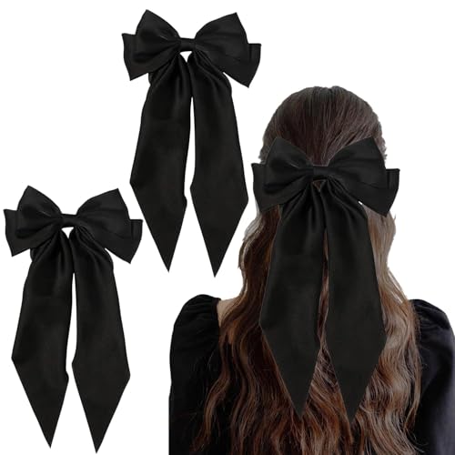 2PCS Black Hair Bow Clips Large Solid Black Bows for Girls & Women for Thick or Thin Hair Elegant Hair Accessories for School Parties and Everyday Wear