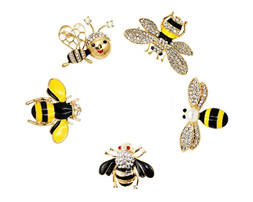 Apol Set of 5 Fashion Enamel Crystal Rhinestones Bee Themed Brooch Pin for Clothes Dress Scarf Decoration